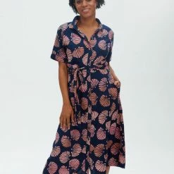 Lilac Rose Sugarhill Lauretta Batik Shirt Dress In Navy With Shells