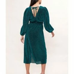 Lilac Rose Louche Roza Lurex Jersey V Back Midi Dress Petrol