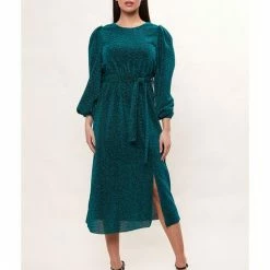 Lilac Rose Louche Roza Lurex Jersey V Back Midi Dress Petrol